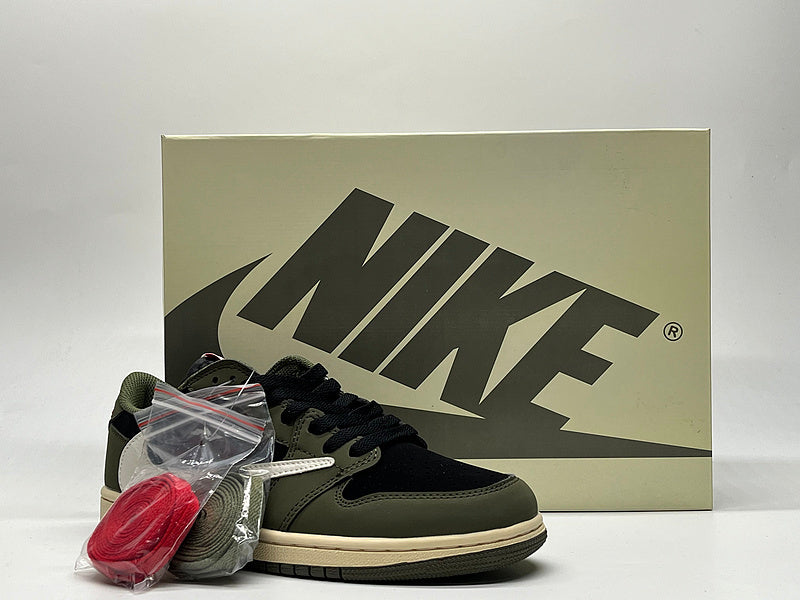 Travis Scott x Air Jordan 1 Low Green and Black White logo